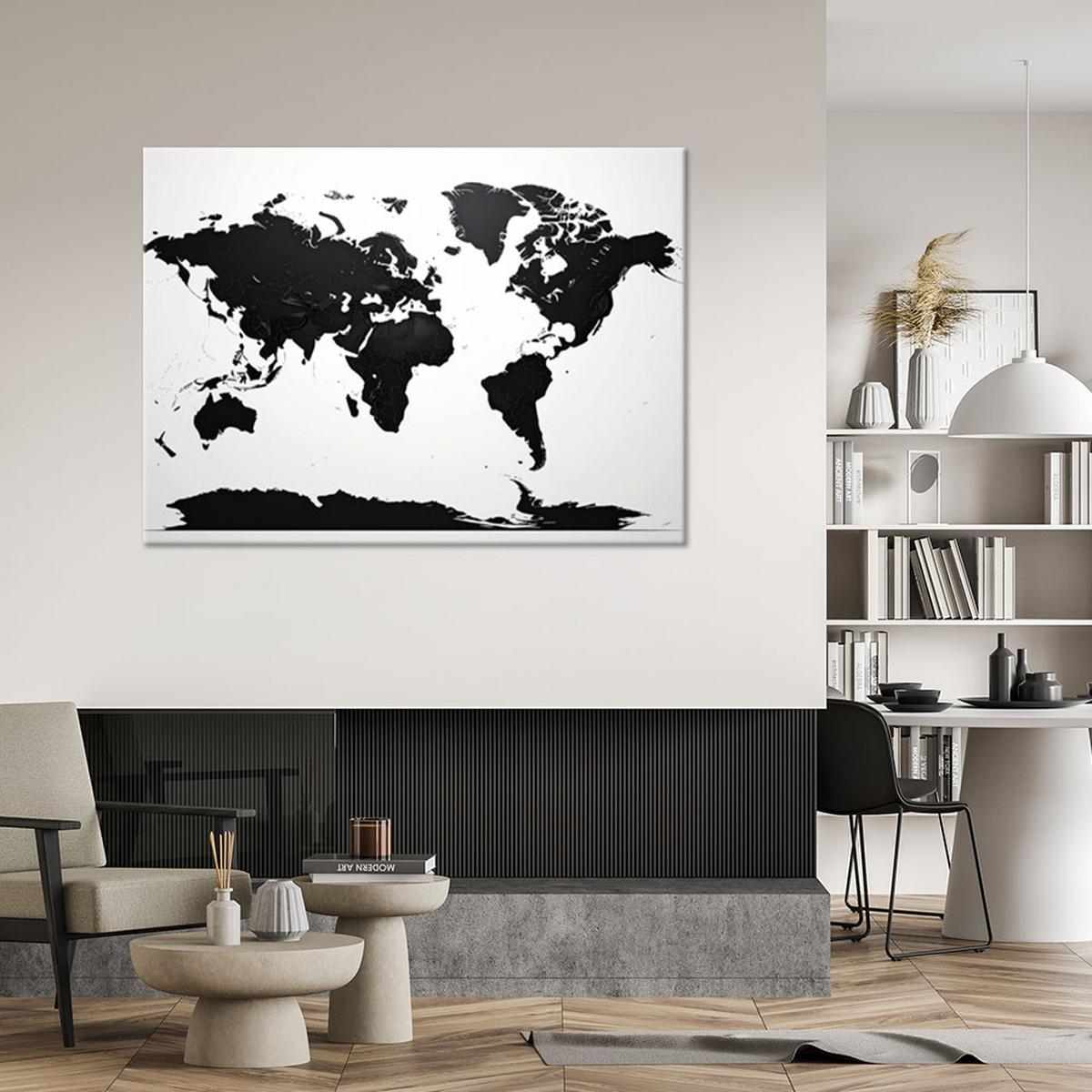 BILD auf Leinwand, Schwarze und weiße Weltkarte - Schwarz, Textil (120/80cm) - Feeby