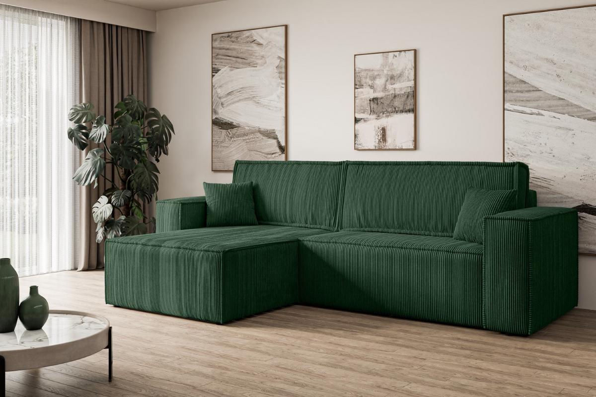 ECKSOFA mit Schlaffunktion und Bettkasten CELTIC-XL - 277x143x83 cm Grün Cord - Schwarz/Grün, Holzwerkstoff/Kunststoff (277/143cm) - ALTDECOR