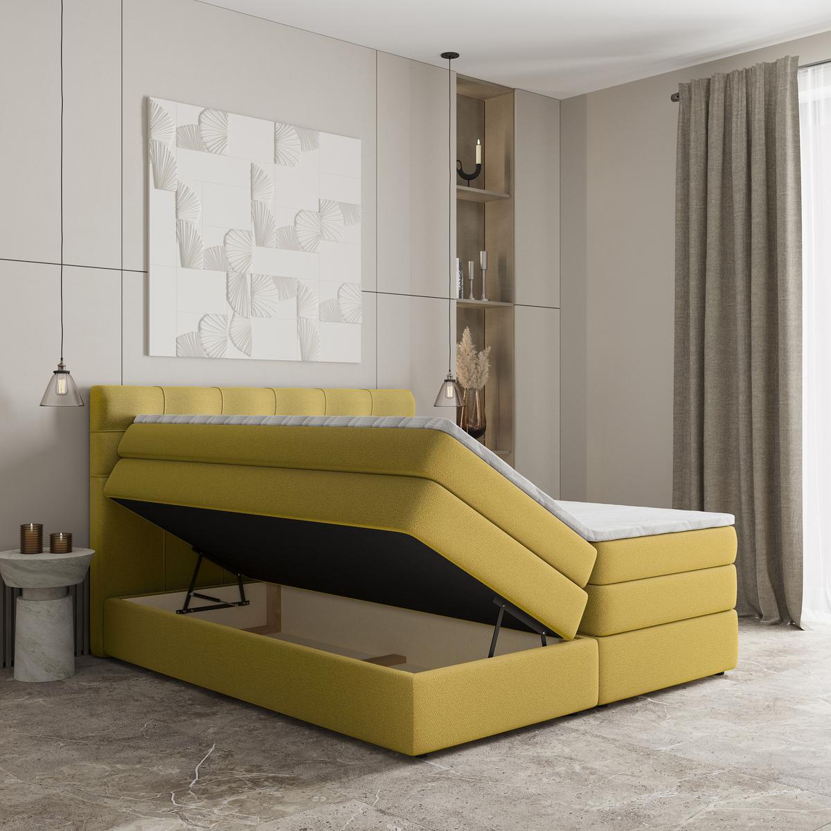 BOXSPRINGBETT AREZI 160x200 cm mit Matratze und Topper - Gelb - Gelb, Holz (160/200cm) - MASSENO
