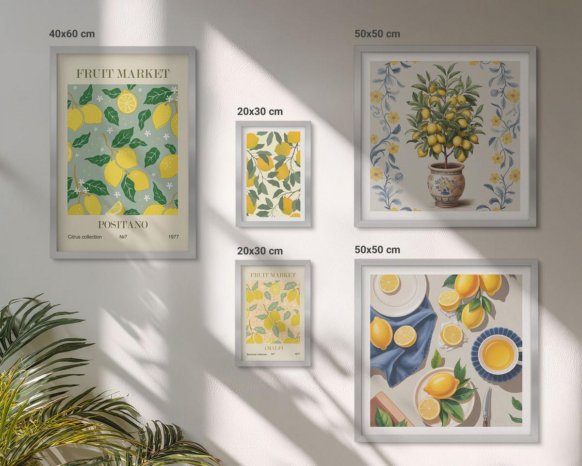 BILDER SET 5er Set - 50x50 cm & 20x30 cm & 40x60 cm Silberner Rahmen - Zitronenbäume in der Sonne - Silberfarben, Kunststoff (40/60cm) - TULUP