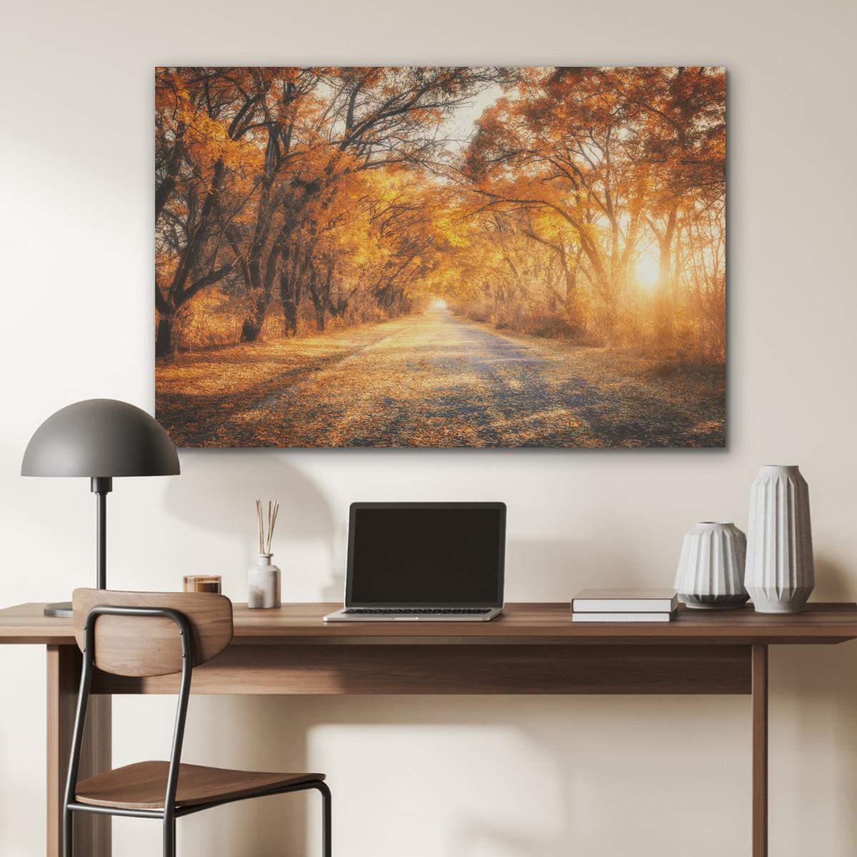 AKUSTIKBILD Wald - Herbst - Bäume - Waldweg - Natur Wandbild Wohnzimmer 100x70 cm - Bernsteinfarben, Kunststoff (100/70/0.9cm) - MuchoWow