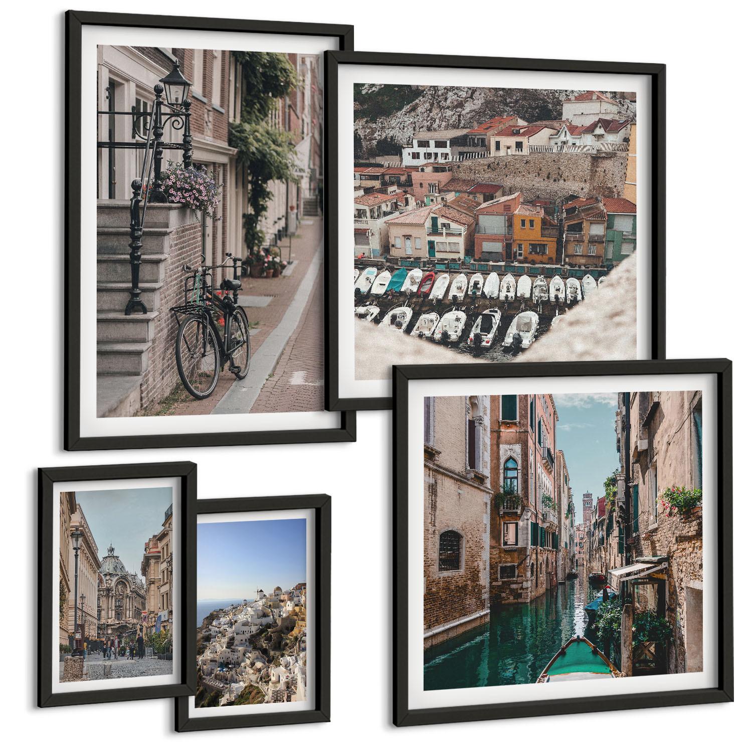 BILDER SET 5er Set - 50x50 cm & 20x30 cm & 40x60 cm Schwarzer Rahmen - Blattmuster Marmor abstrakt - Schwarz, Kunststoff (40/60cm) - TULUP