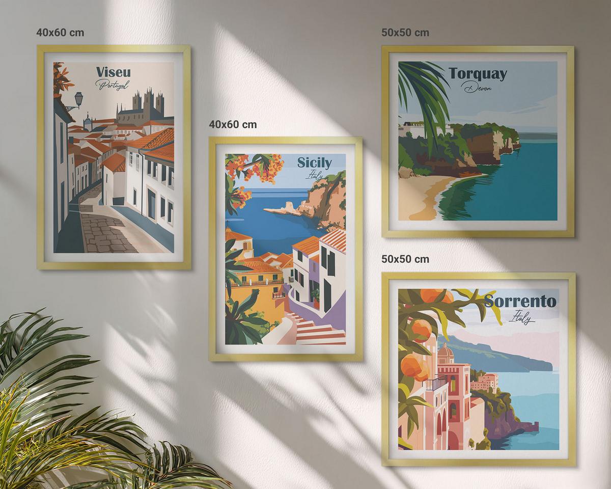 BILDER SET 4er Set - 50x50 cm & 40x60 cm Goldrahmen - Retro-Illustrationen von Weltstädten - Goldfarben, Kunststoff (50/50cm) - TULUP