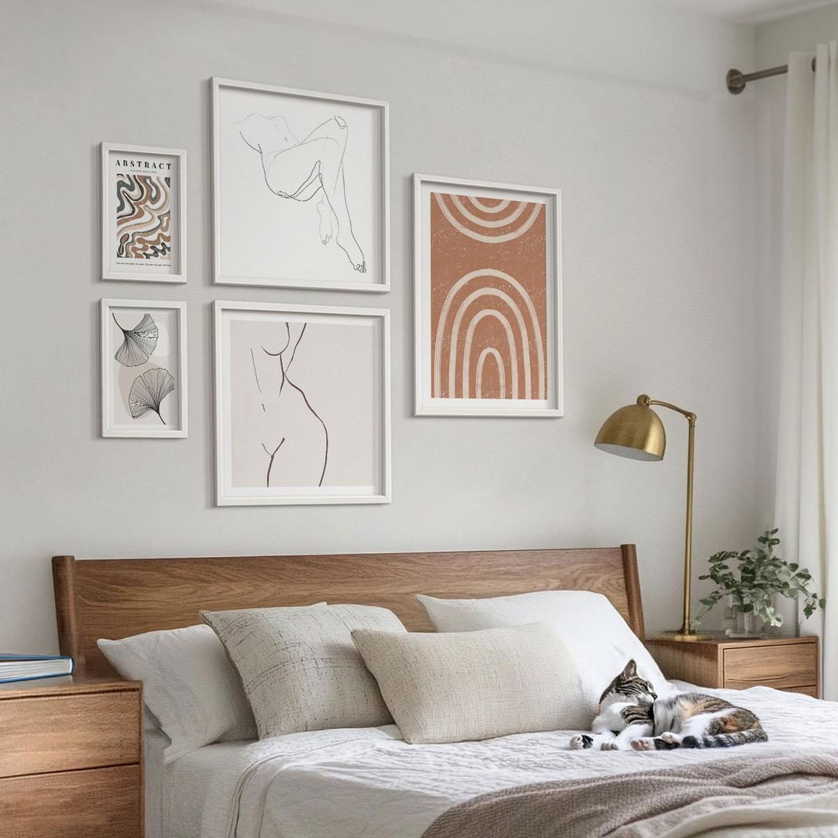 BILDER SET 5er Set - 50x50 cm & 20x30 cm & 40x60 cm Weißer Rahmen - Abstrakte Boho-Blattformen - Weiß, Kunststoff (40/60cm) - TULUP