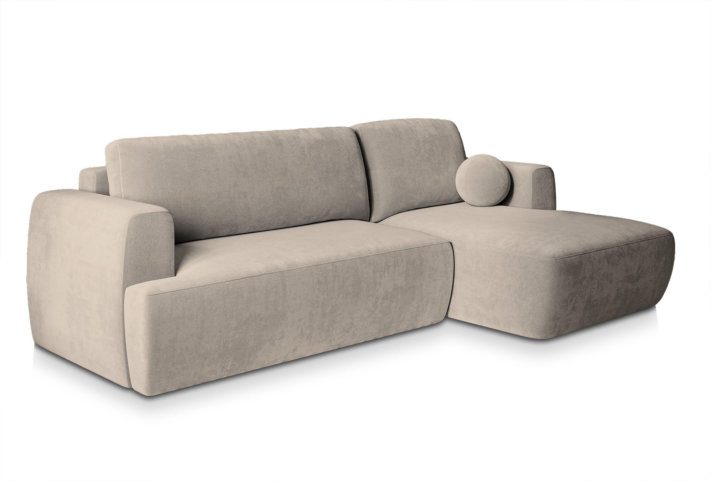 ECKSOFA SENTI K R-S Beige Plüsch-Stoff mit Schlaffunktion - Beige/Schwarz, Holz/Kunststoff (246/148cm) - MASSENO