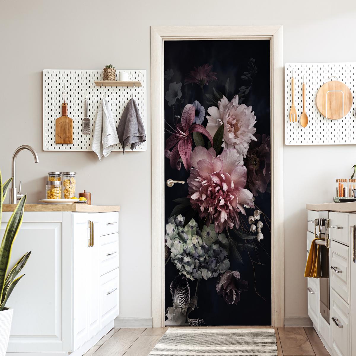 TÜRAUFKLEBER Blumen - Vintage - Pastell - Rosa - Weiß 80x215 cm - Türtapete - Altrosa, Kunststoff (80/0.1cm) - MuchoWow