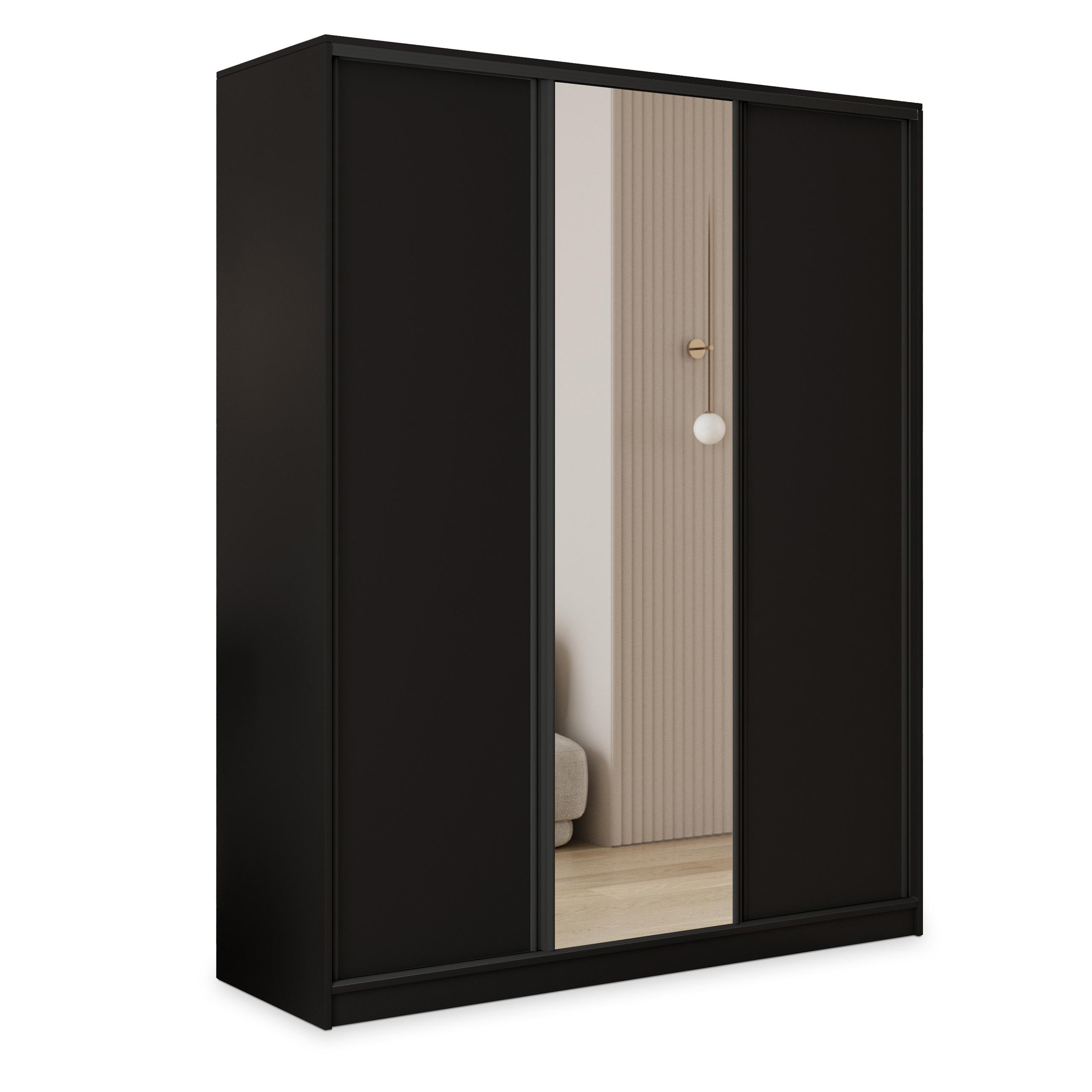 SCHWEBETÜRENSCHRANK TARI 160/205/58 cm 3-türig mit Spiegel und 4 Schubladen Schwarz - Schwarz, Holzwerkstoff (160/205/58cm) - MASSENO