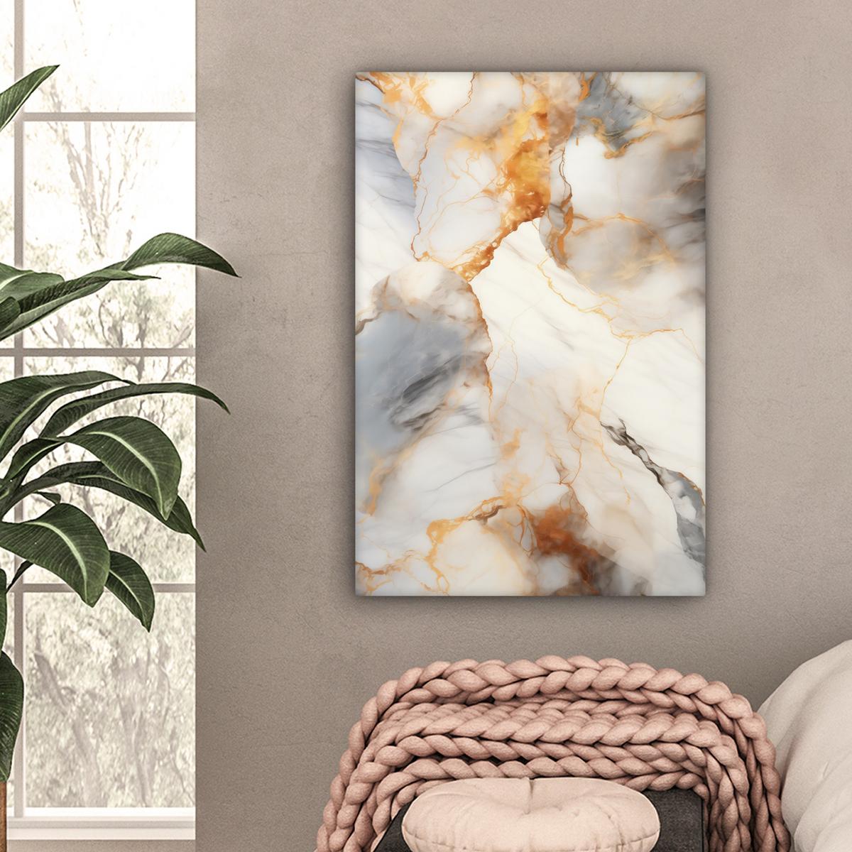 LEINWANDBILD Marmor - Grau - Gold Wanddeko Schlafzimmer 60x90 cm - Weiß, Textil (60/90cm) - MuchoWow