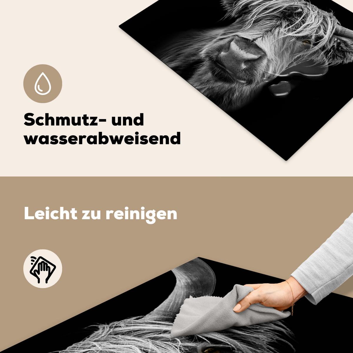 HERDABDECKPLATTE Schottischer Highlander - Hörner - Schwarz - Weiß - Kuh - Wild - Tiere Herdabdeckung Induktionsfeld 70x52 cm - Schwarz, Kunststoff (70/52/0.2cm) - MuchoWow