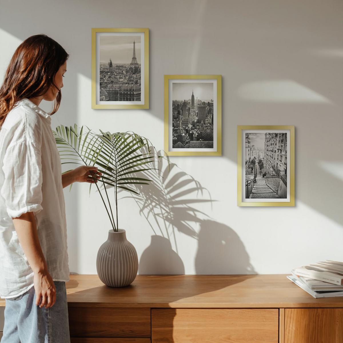 BILDER SET 3er Set - 20x30 cm Goldrahmen - Aussicht Paris New York Treppen - Goldfarben, Kunststoff (20/30cm) - TULUP