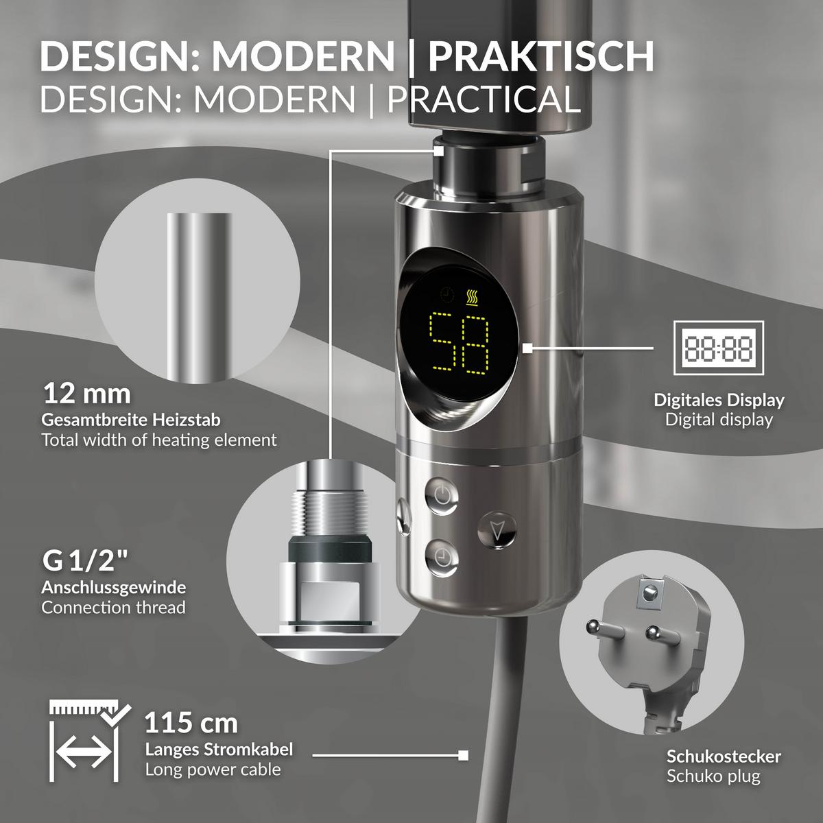 BADHEIZKÖRPER elektrisch Sahara 400x1200 mm Chrome gebogen mit Heizstab 1200W Digital - Chromfarben, Metall (40/120/3cm) - LuxeBath