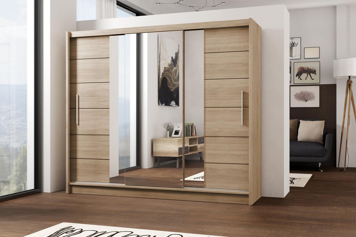 SCHWEBETÜRENSCHRANK KAYLE 250/215/61 cm 3-türig mit Spiegel Sonoma Eiche - Sonoma Eiche, Holzwerkstoff (250/215/61cm) - MASSENO