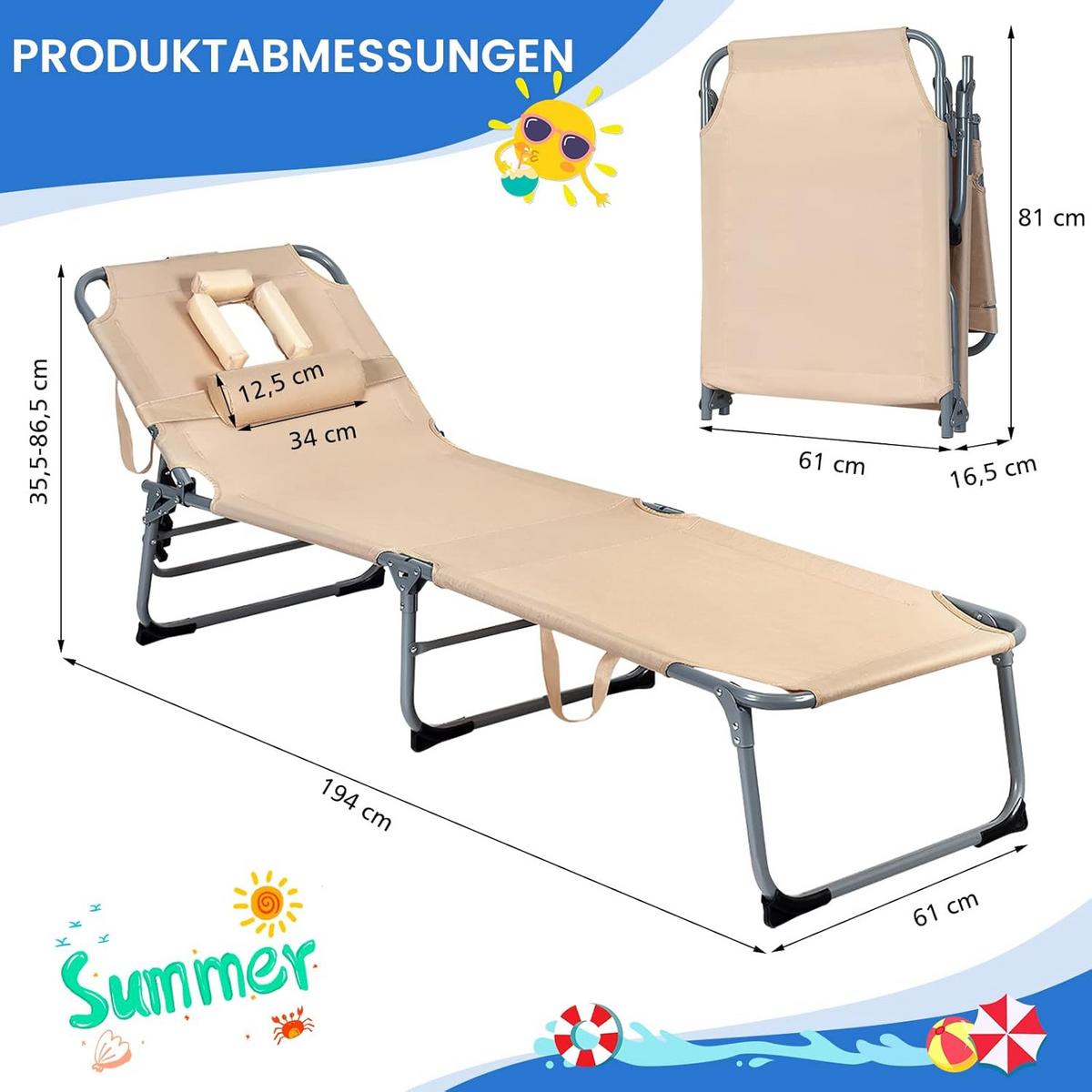 SONNENLIEGE 36cm Beige - Beige, Metall (194/36/60cm) - COSTWAY