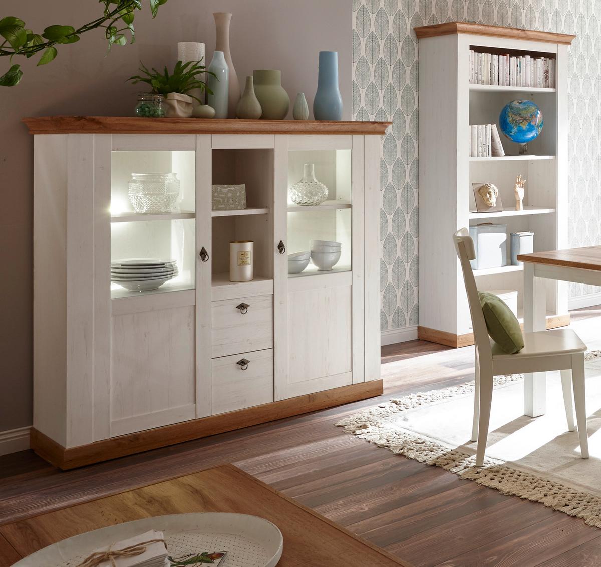 HIGHBOARD weiß Pinie, Eiche Wotan, Landhaus Buffet 148 x 140 cm - Silberfarben/Eiche Wotan, Glas/Holzwerkstoff (148/139/44cm) - Furn.Design