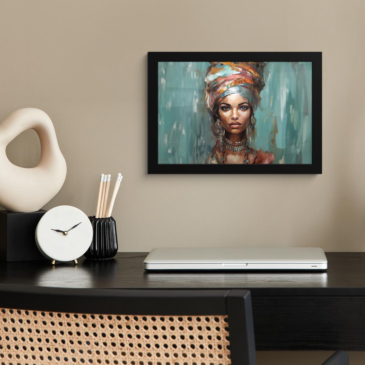 POSTER MIT RAHMENGERAHMTES BILD Frau - Kunst - Schmuck - Porträt 30x20 cm - Blaugrau, Papier (30/20cm) - MuchoWow