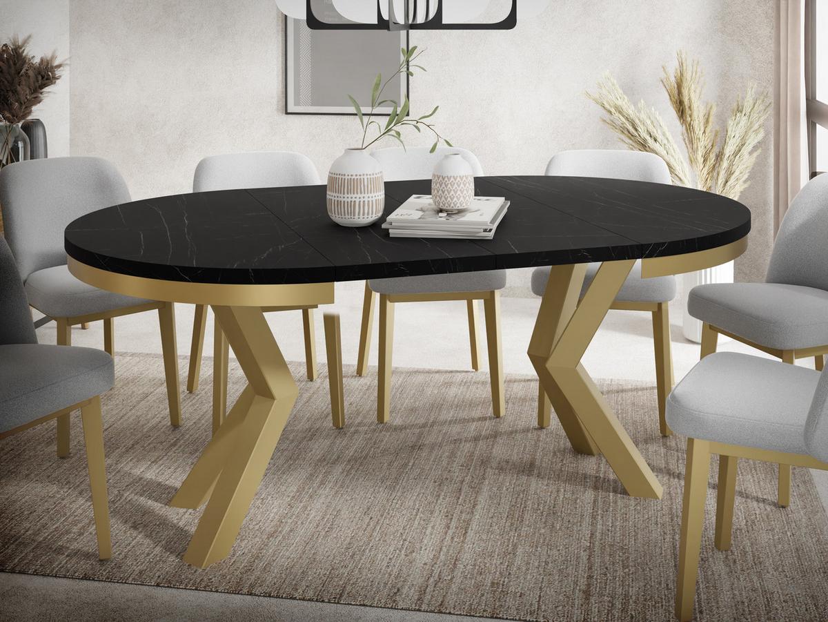 ESSTISCH Clara Gold runder ausziehbarer, Marmor Schwarz 100-180/100/76 cm - Anthrazit/Goldfarben, Holzwerkstoff/Metall (100/176/76cm) - WFL GROUP