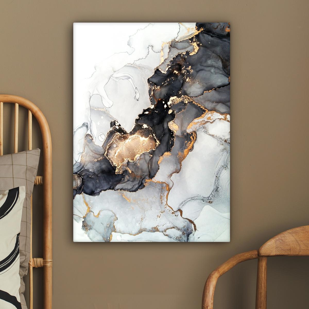 LEINWANDBILD Marmor - Schwarz - Weiß - Gold - Luxus - Abstrakt Wandbild Wohnzimmer 60x80 cm - Goldfarben, Textil (60/80cm) - MuchoWow