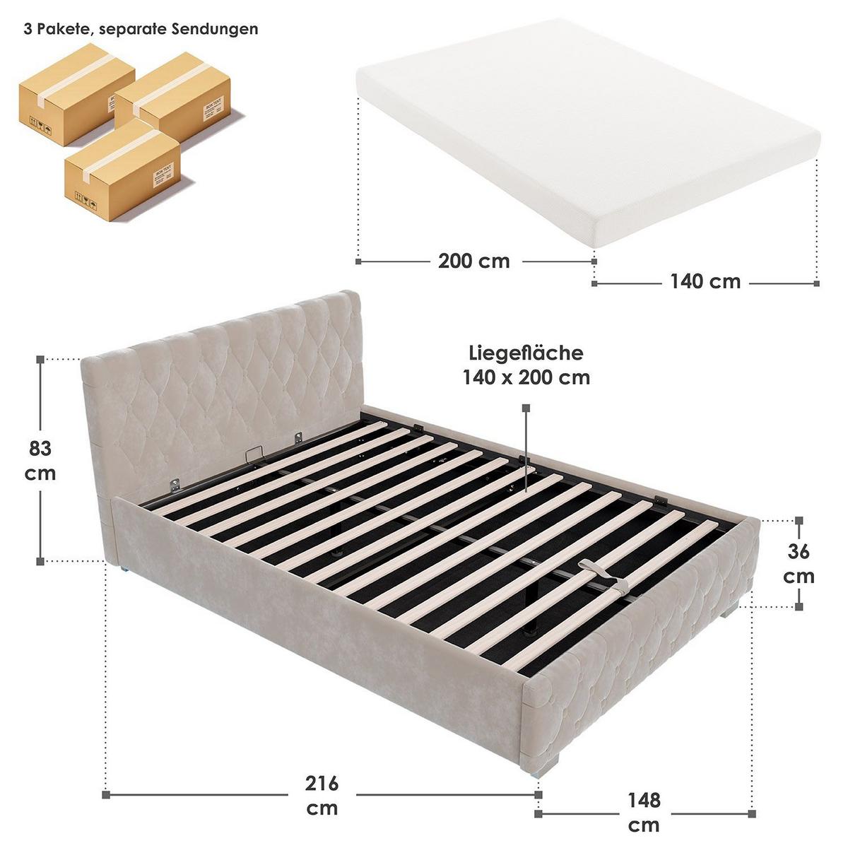 POLSTERBETT Nizza Beige 140x200 cm mit Matratze - Beige, Holz (140/200cm) - Juskys