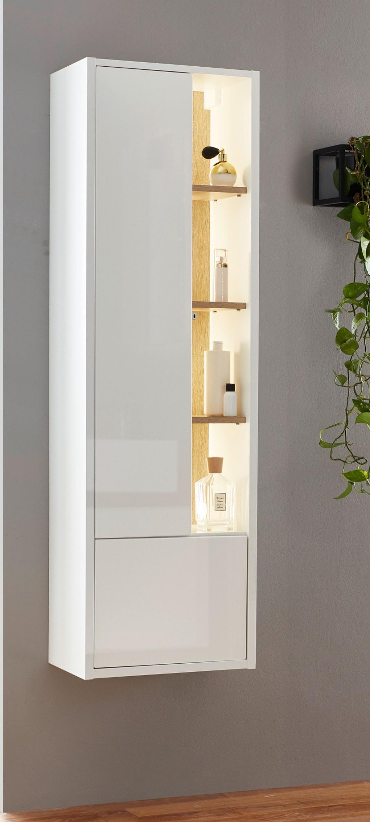 HOCHSCHRANK weiß Hochglanz, Eiche 45 cm, Badschrank inklusive Beleuchtung - Weiß Hochglanz, Holzwerkstoff (45/150/30cm) - Furn.Design