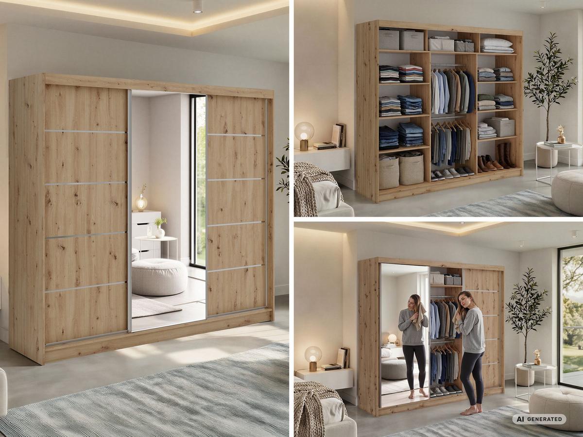 SCHWEBETÜRENSCHRANK 240 - SKORIA - Eiche Artisan mit Spiegel - Alufarben/Eiche Artisan, Holzwerkstoff/Metall (240/216/61cm) - MKS