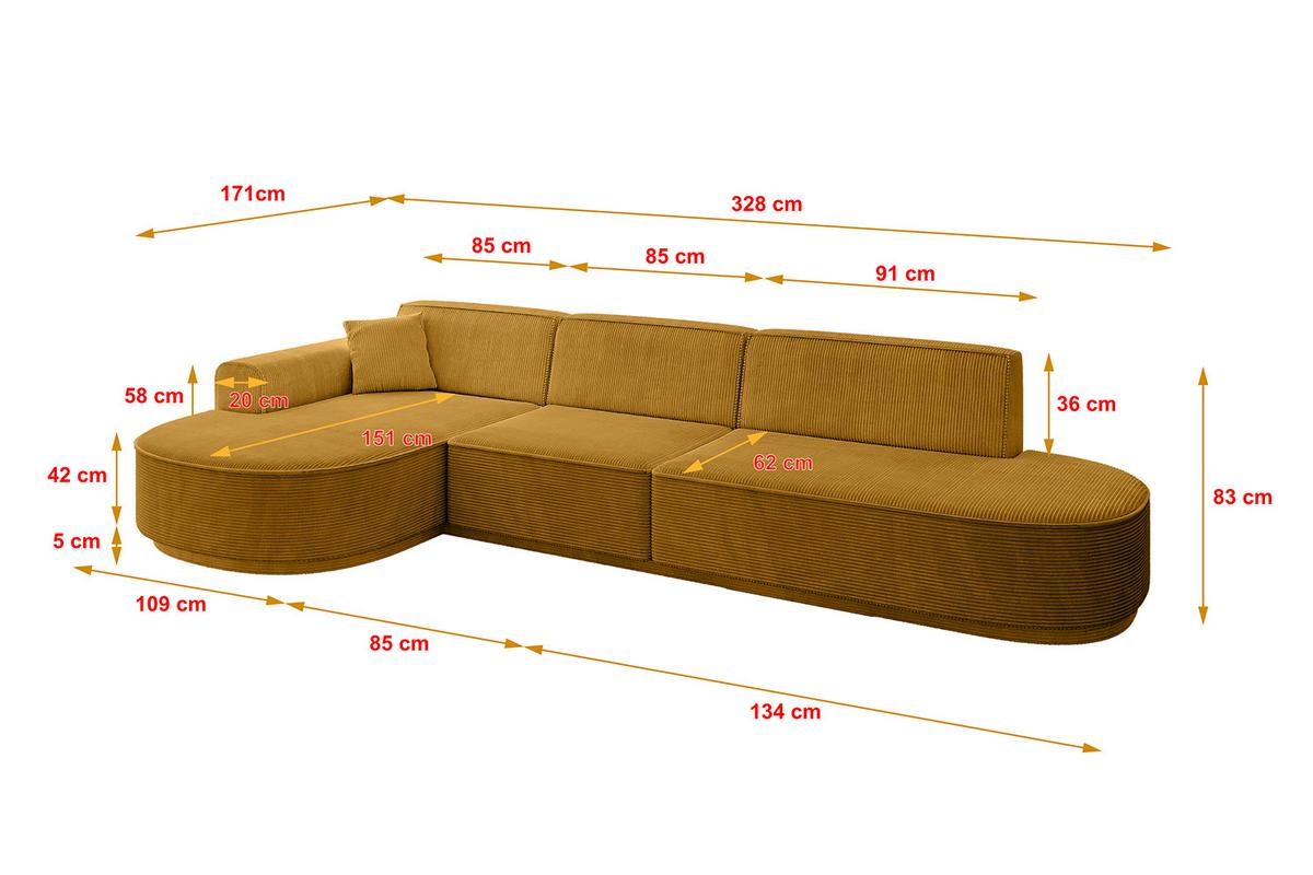 ECKSOFA Ottomane Links MARI-L2-v3 - 328x171x83 cm Senfgelb Cord - Gelb/Schwarz, Holzwerkstoff/Kunststoff (328/171cm) - ALTDECOR