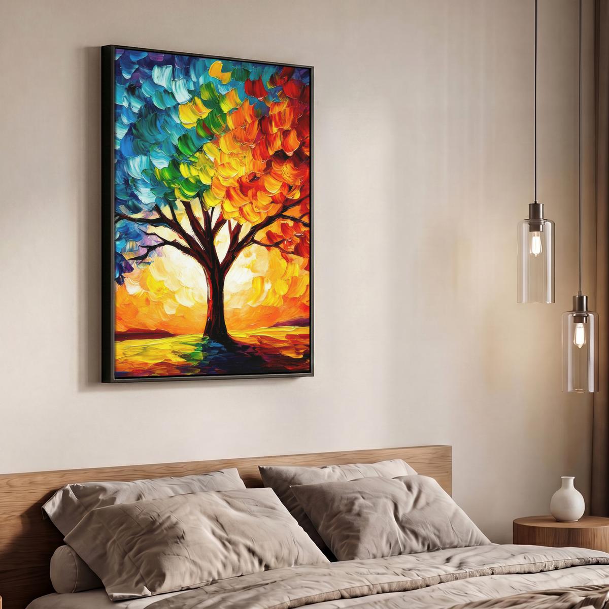 LEINWAND Bilder mit Rahmen - Baum - Kunst - Natur - Sonnenuntergang - 70x100 - Multicolor, Textil (70/100cm) - MuchoWow