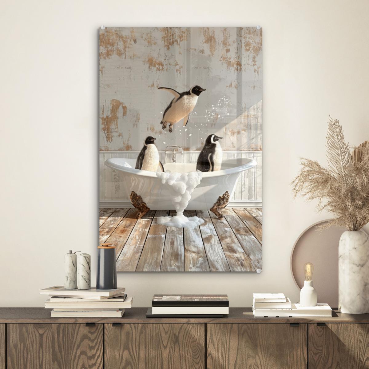 ACRYLGLASBILD Vintage - Pinguin - Badewanne - Schaumstoff Wanddeko Wohnzimmer 40x60 cm - Schwarz, Glas (40/60cm) - MuchoWow