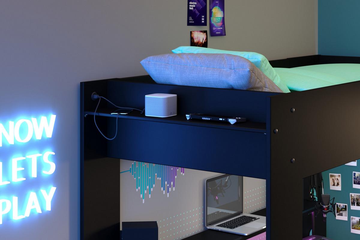 HOCHBETT Jugendzimmer mit Schreibtisch Bett 90x200 cm inkl. LED - Schwarz, Holz/Holzwerkstoff (90/200cm) - Parisot Meuble