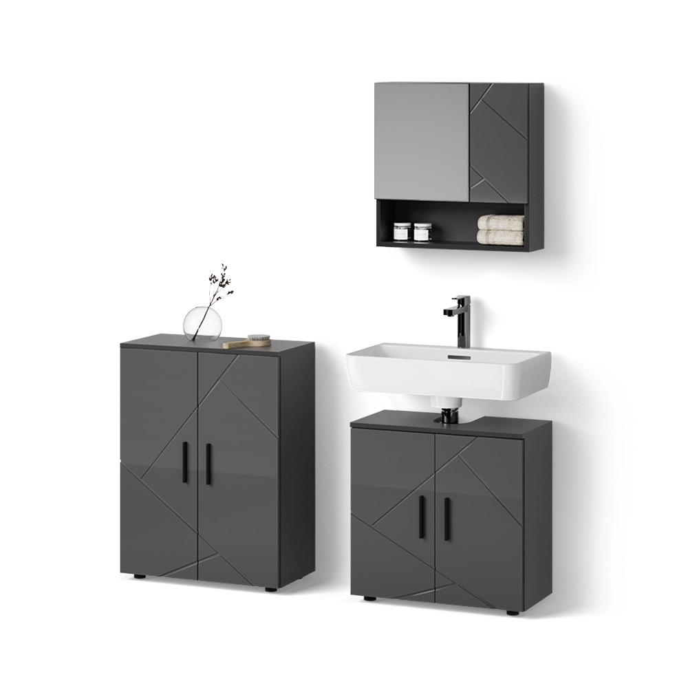 BADMÖBEL-SET Ronco Anthrazit Hochglanz 3 Teile, mit Unterschrank 60 cm - Schwarz Hochglanz, Holzwerkstoff (60/81/30cm) - Livinity®