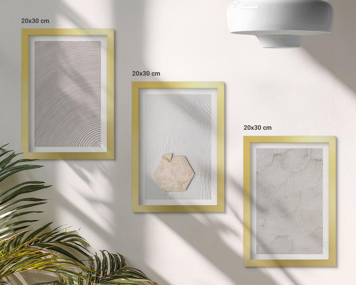BILDER SET 3er Set - 20x30 cm Goldrahmen - Leichte Boho-Sandtexturen - Goldfarben, Kunststoff (20/30cm) - TULUP