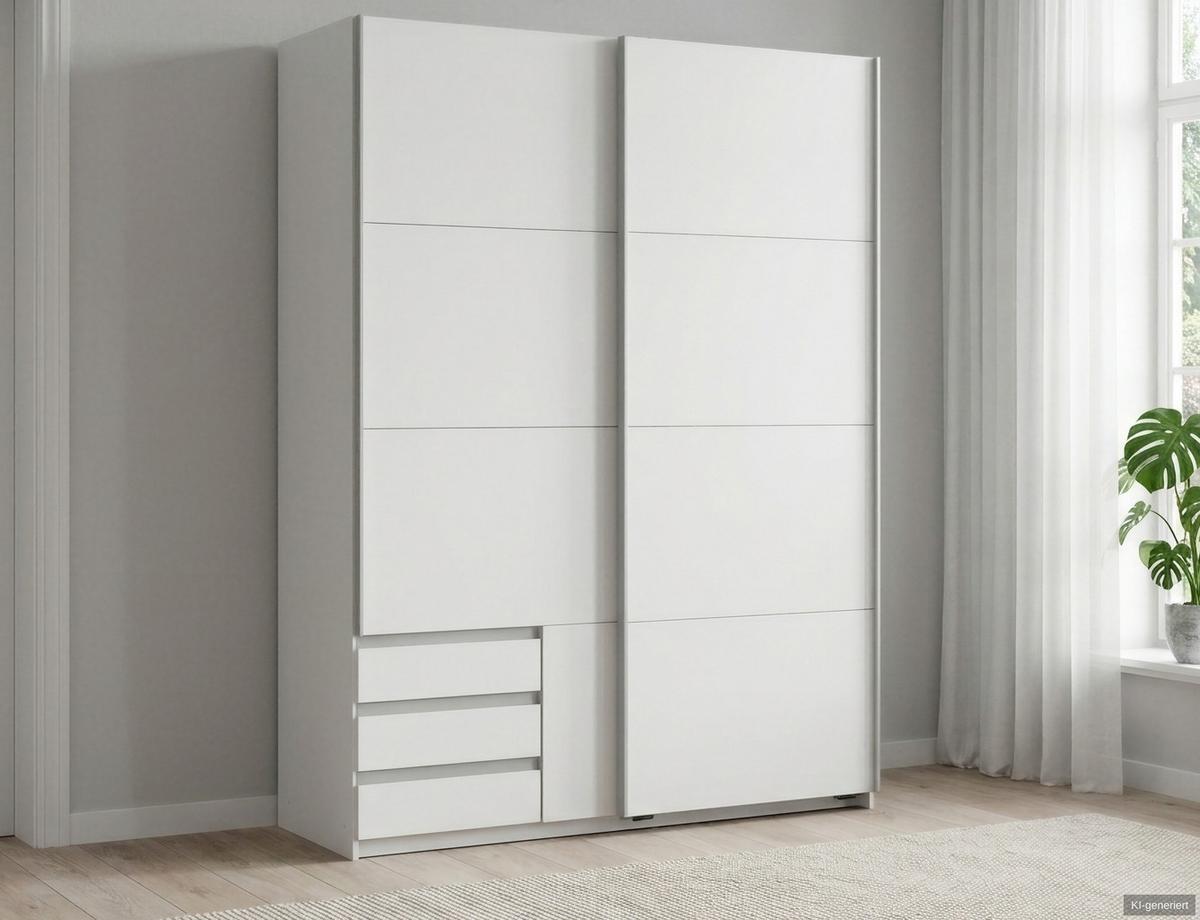 SCHWEBETÜRENSCHRANK 2-türig B135/H198/T65 cm, Kleiderschrank in Weiß mit sichtbaren Schubkästen / 22660 - Alufarben/Weiß, Holz/Holzwerkstoff (135/198/65cm) - luma-home