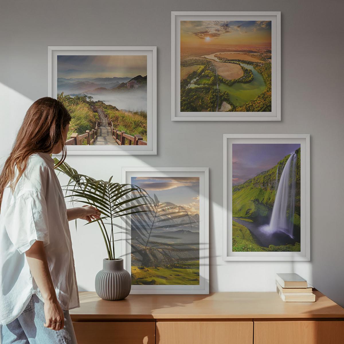 BILDER SET 4er Set - 50x50 cm & 40x60 cm Weißer Rahmen - Ausblicke auf Berge, Flüsse und Wasserfälle - Weiß, Kunststoff (50/50cm) - TULUP