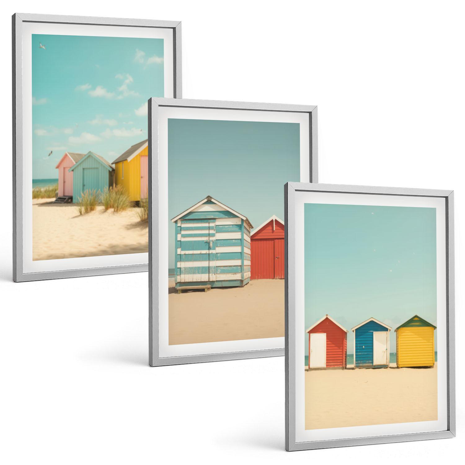 BILDER SET 3er Set - 40x60 cm Silberner Rahmen - Bunte Häuser, Strand, Sonne - Silberfarben, Kunststoff (40/60cm) - TULUP