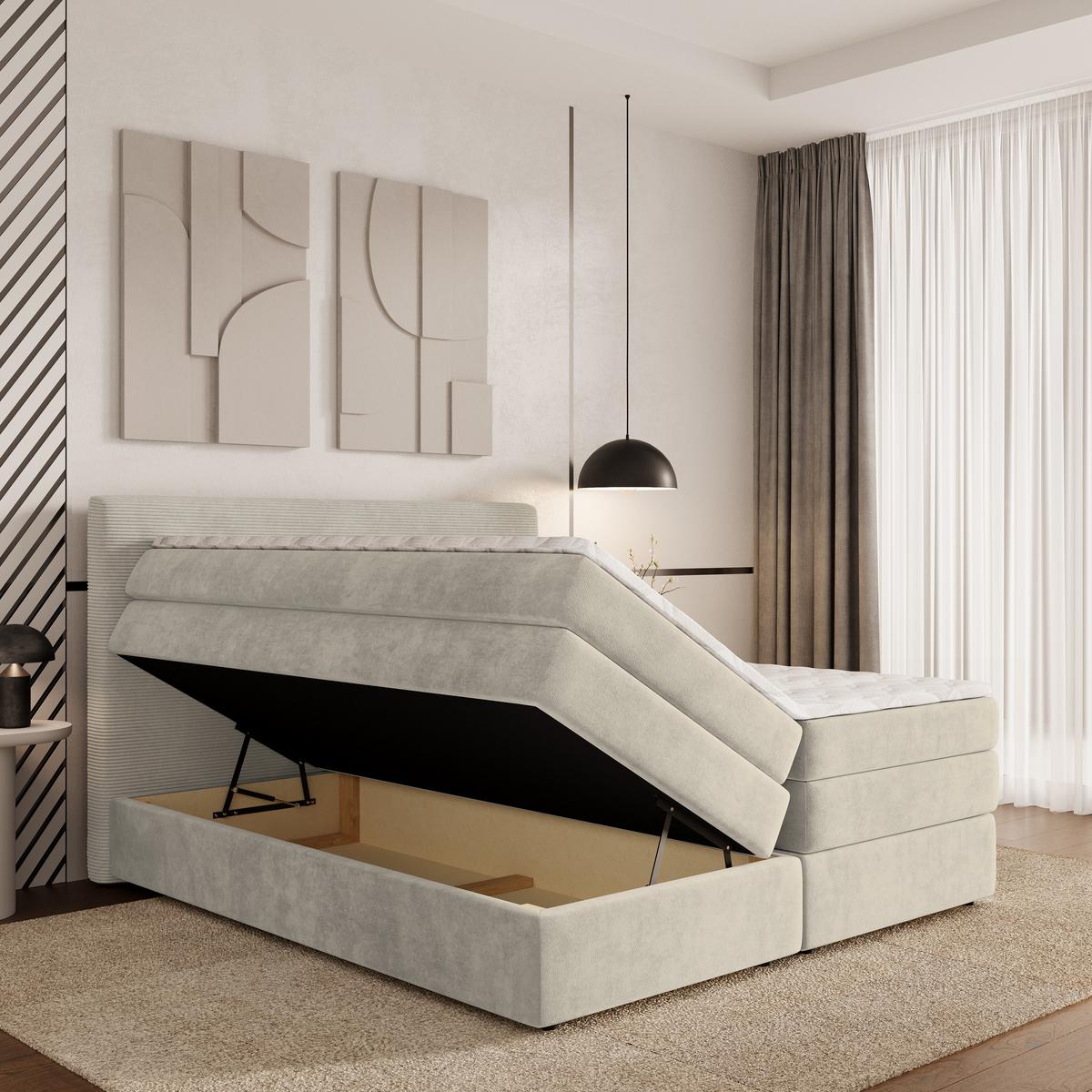 BOXSPRINGBETT MATERN 140x200 cm mit Matratze und Topper - Creme - Creme, Holz (140/200cm) - MASSENO