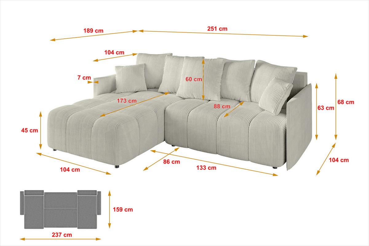 ECKSOFA Ottomane links LONLI-L 251x189x68 Creme Cord - Ecru/Creme, Holzwerkstoff/Kunststoff (251/189cm) - ALTDECOR