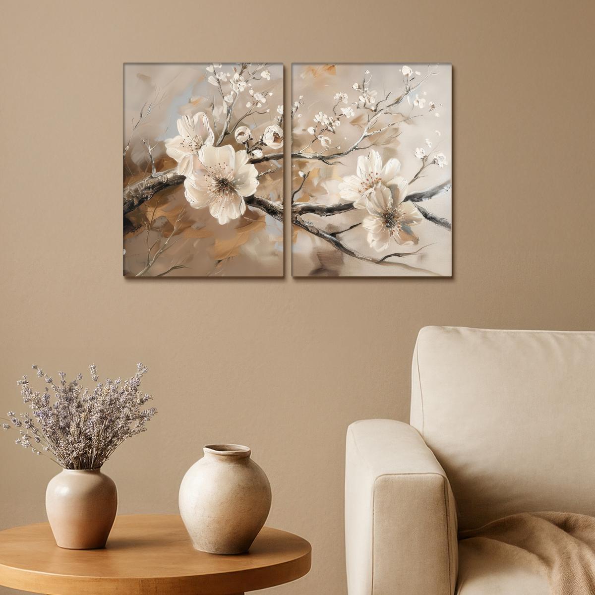 LEINWANDBILD 2er Set Blüte - Beige - Abstrakt - Blumen 60x40 cm - Hellbraun, Textil (60/40cm) - MuchoWow