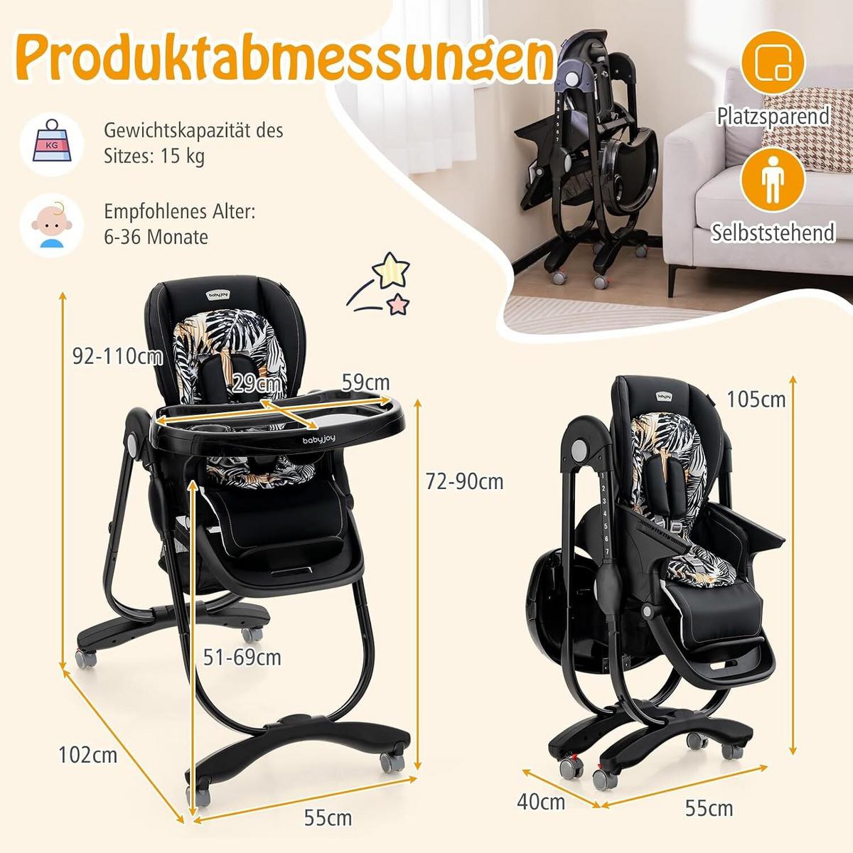 KINDERHOCHSTUHL Höhenverstellbar schwarz - Schwarz, Kunststoff (102/92/55cm) - COSTWAY