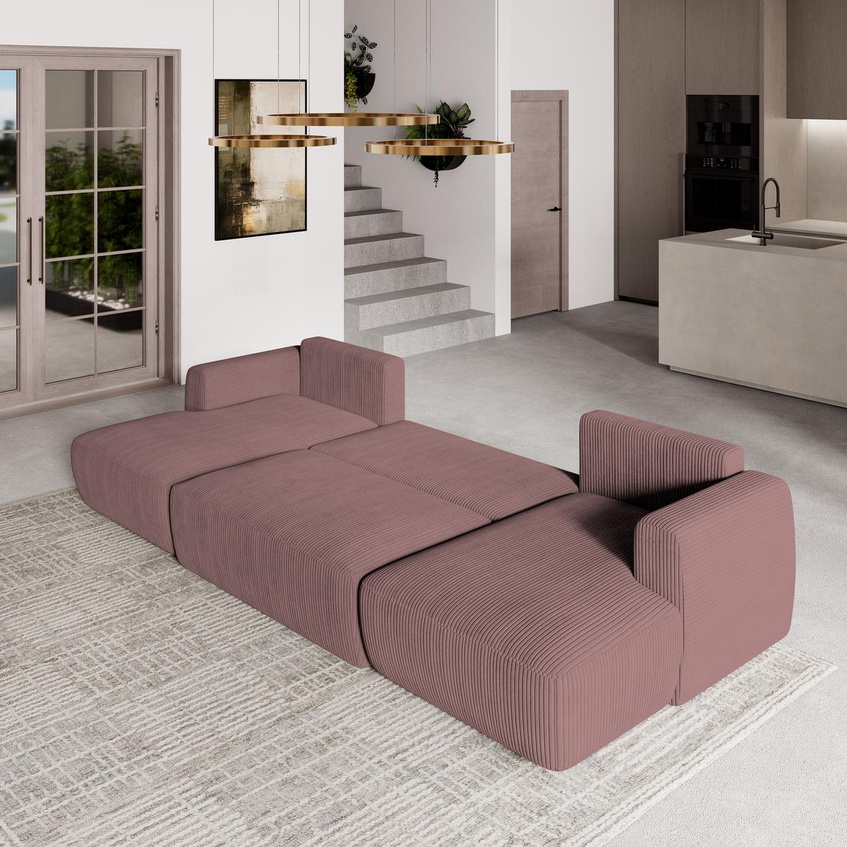 WOHNLANDSCHAFT SENTUM P Lila Kordstoff mit Schlaffunktion - Lila/Schwarz, Holz/Kunststoff (330/90/148cm) - MASSENO
