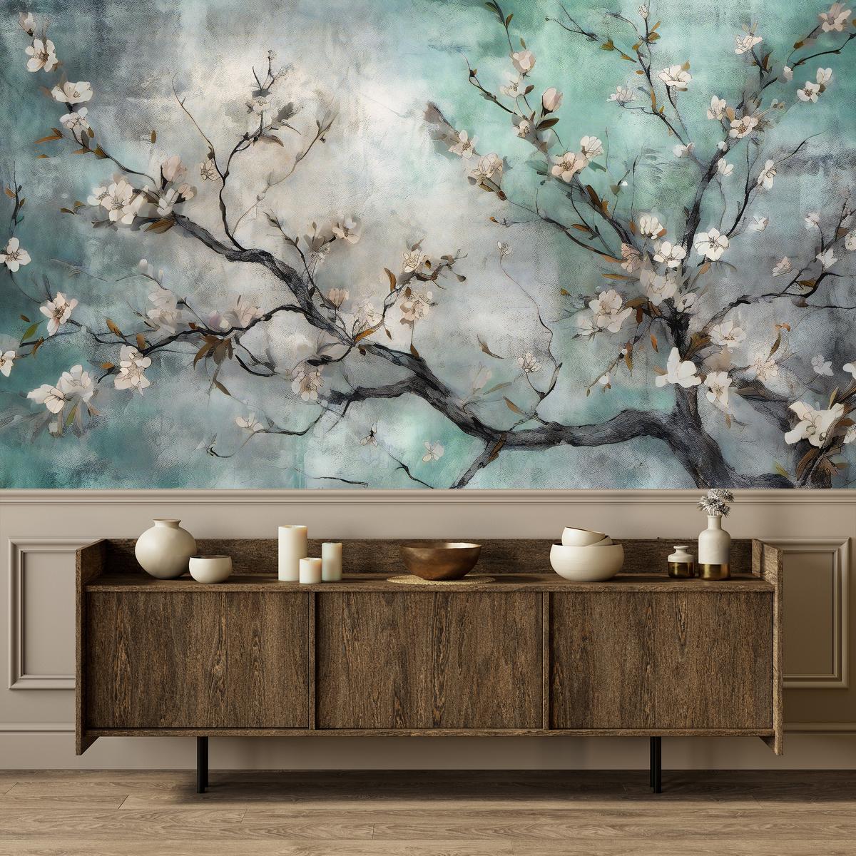 FOTOTAPETE für Schlafzimmer Abstrakte Kirschblüten Beton Pflanzen 150x105 - Beige/Braun, Papier (150/105cm) - Muralo