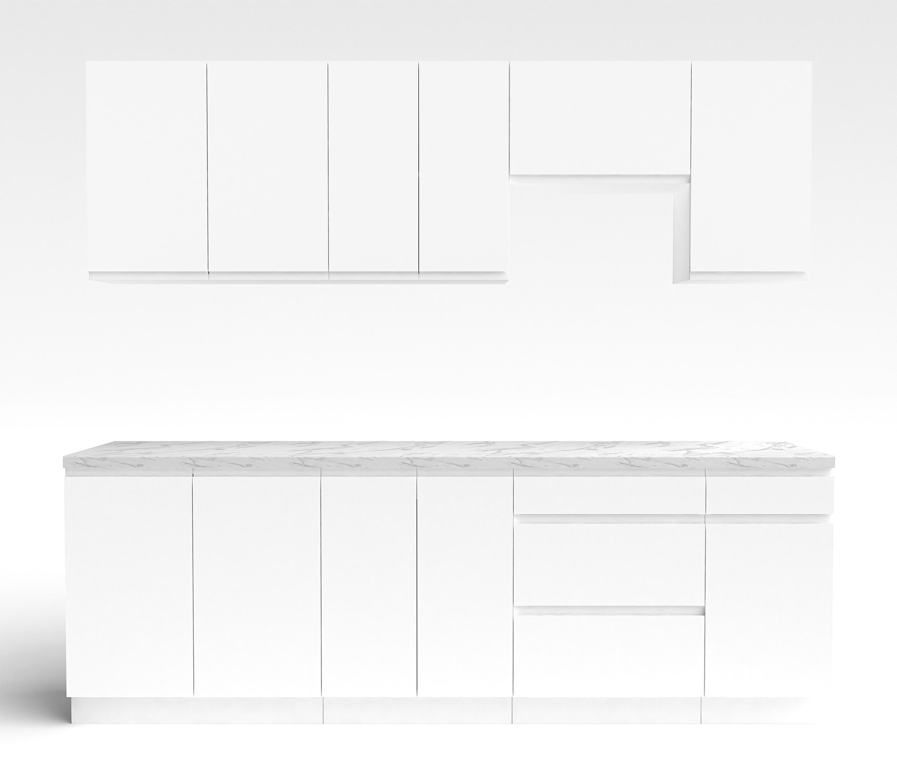 KÜCHENLEERBLOCK Aquileia 240 cm Weiß Matt mit Arbeitsplatte Marmor Bianco - Hellgrau/Weiß, Holzwerkstoff (240/157.8/60cm) - AX Living