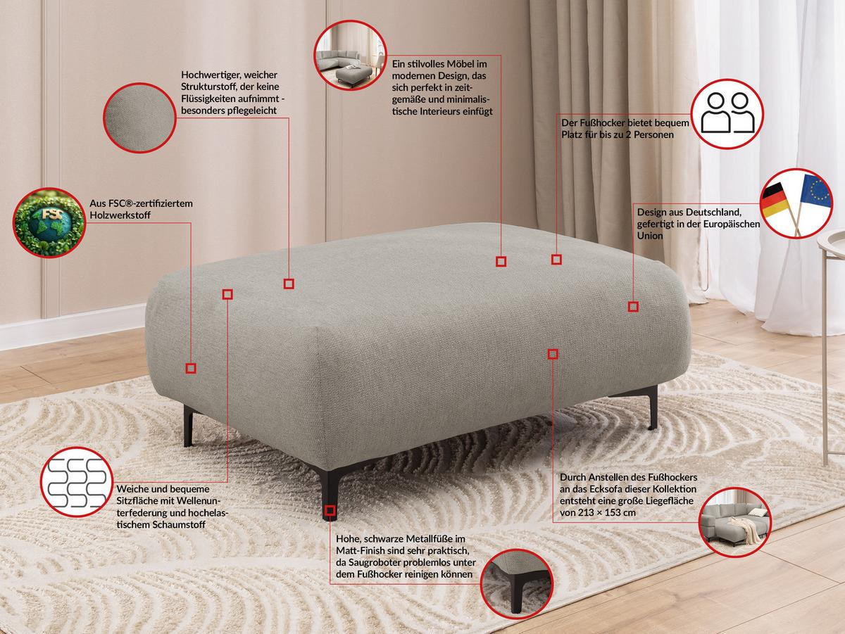 POLSTERHOCKER Cardea in Bubble-Optik aus weichem Taupe Strukturstoff mit hohem Sitzkomfort - Taupe/Schwarz, Holz/Textil (110/46/65cm) - S-Style Möbel