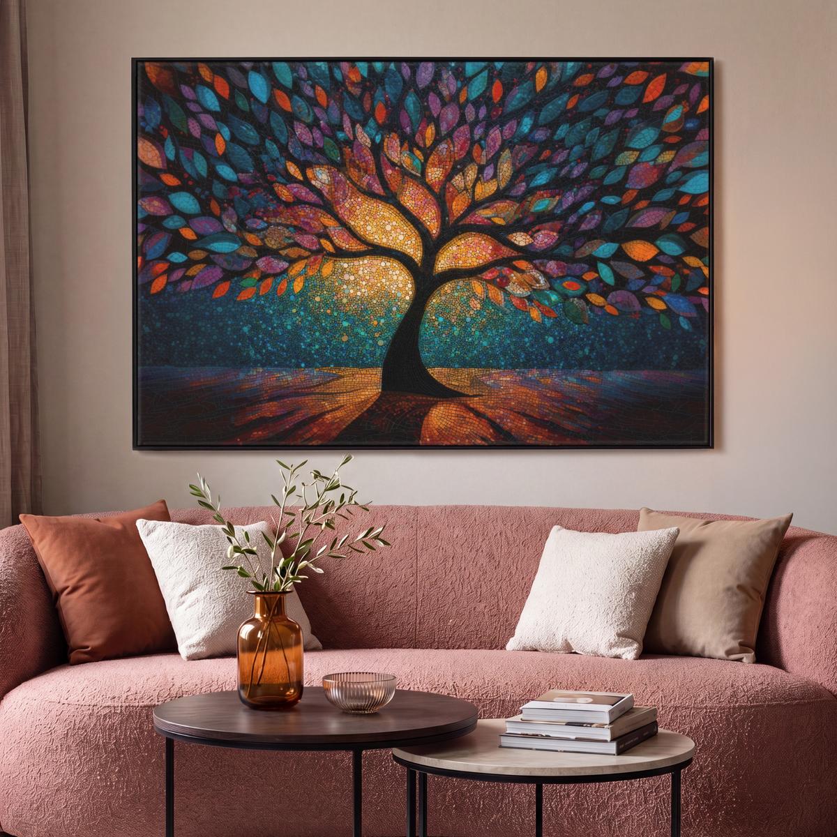 LEINWAND Bilder mit Rahmen - Mosaik - Bunt - Baum - Äste - 120x80 - Multicolor, Textil (120/80cm) - MuchoWow