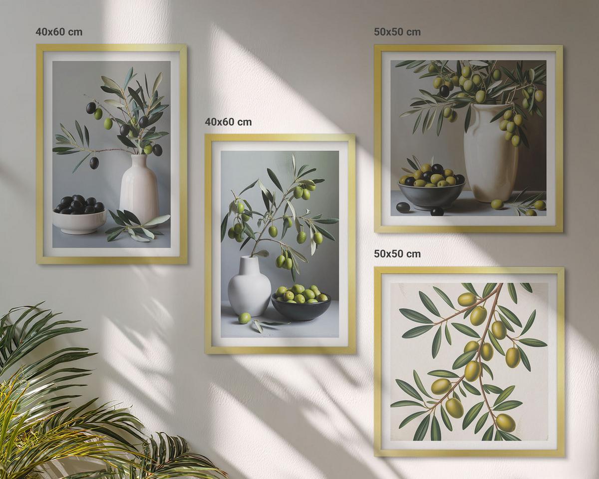 BILDER SET 4er Set - 50x50 cm & 40x60 cm Goldrahmen - Oliven in Vasen in gedeckten Farben - Goldfarben, Kunststoff (50/50cm) - TULUP