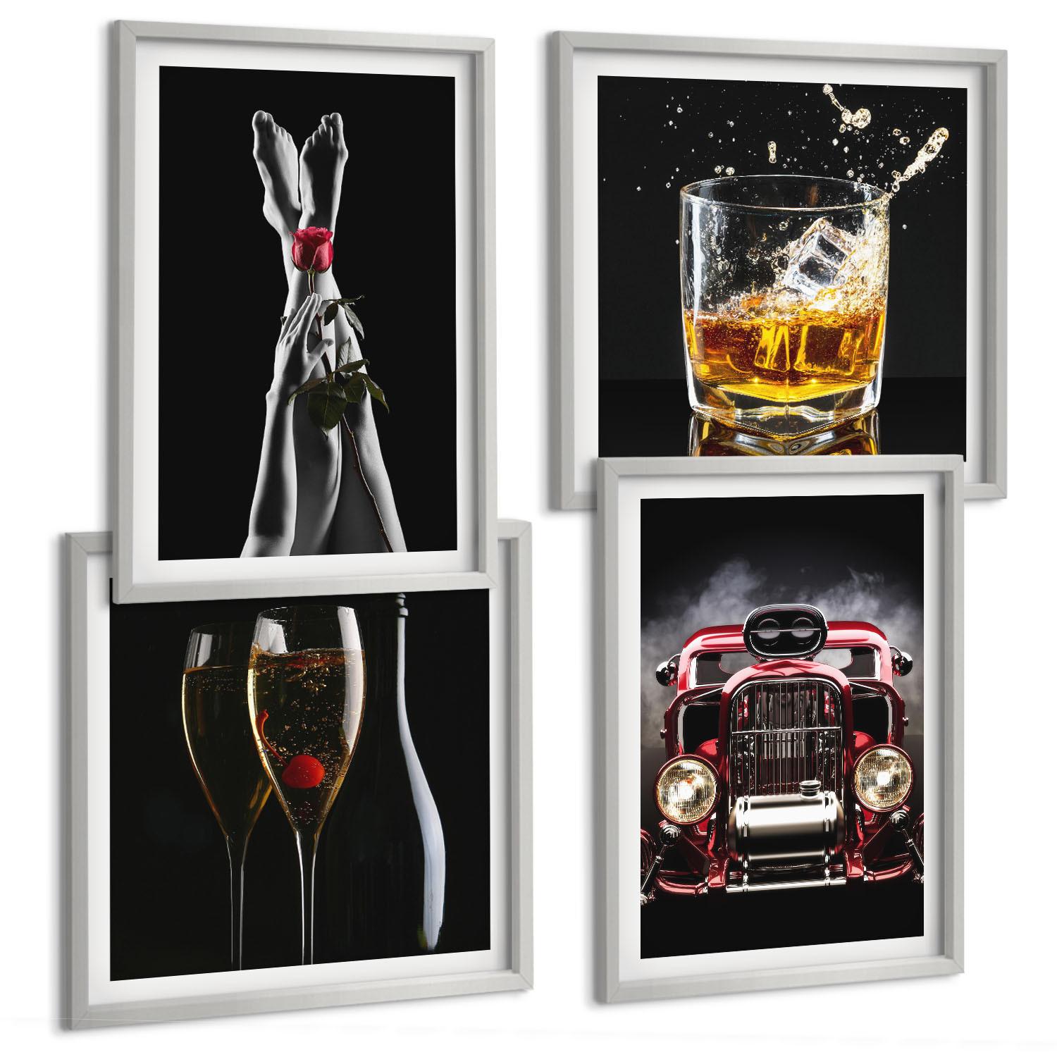BILDER SET 4er Set - 50x50 cm & 40x60 cm Silberner Rahmen - Frauenbeine Rosenwagen Wein - Silberfarben, Kunststoff (50/50cm) - TULUP