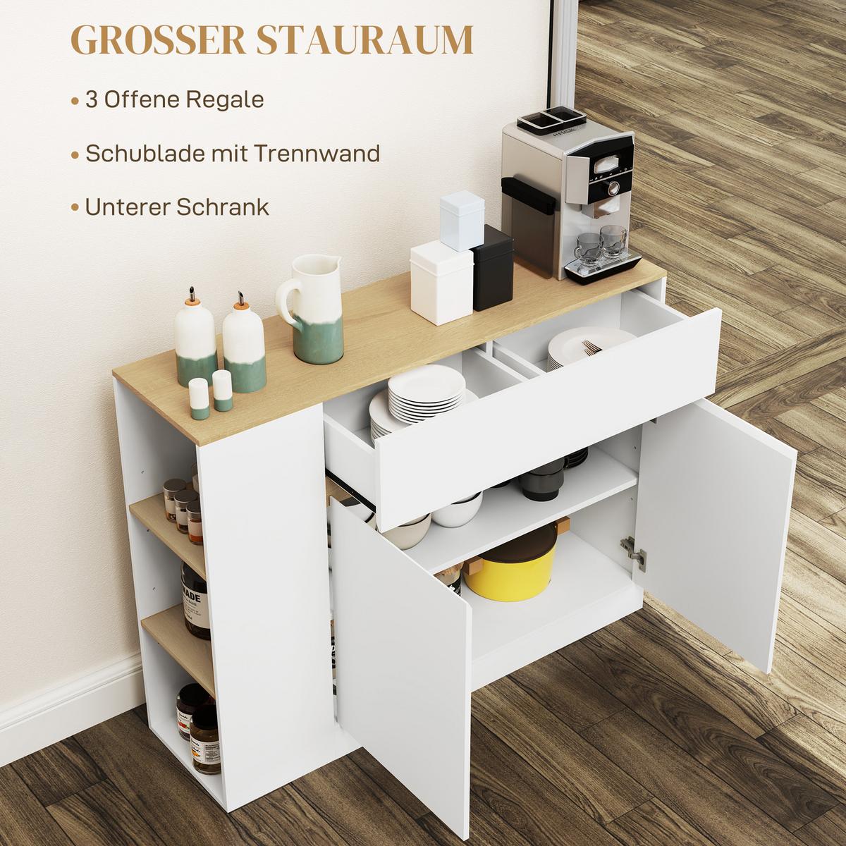 SIDEBOARD Küchenschrank mit Schublade, verstellbare Ablage, Aufbewahrungsschrank - Weiß/Naturfarben, Holz/Holzwerkstoff (30/81.2/106cm) - HOMCOM