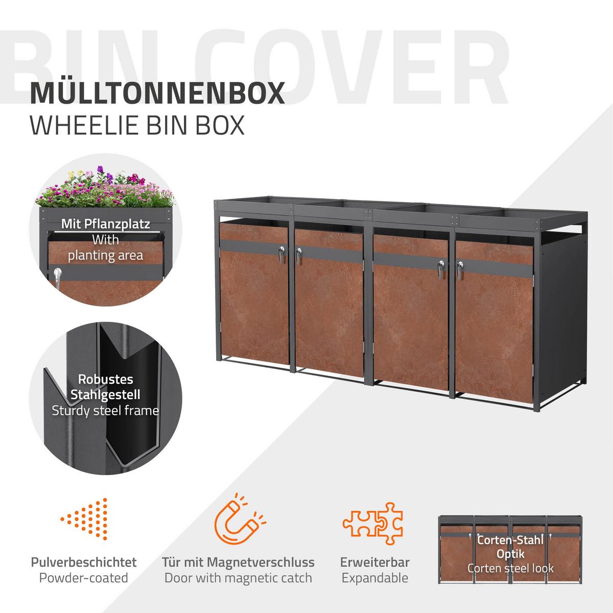 MÜLLTONNENBOX 4er mit Pflanzdach Anthrazit-Rostoptik - Rotbraun, Metall (264/124/80cm) - ML-DESIGN