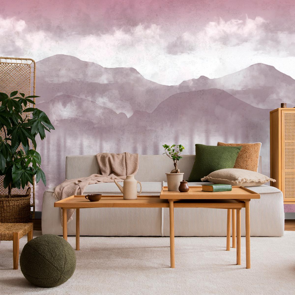 FOTOTAPETE Neblige violette Landschaft Berge 450x315 - Violett/Rosa, Papier (450/315cm) - Muralo