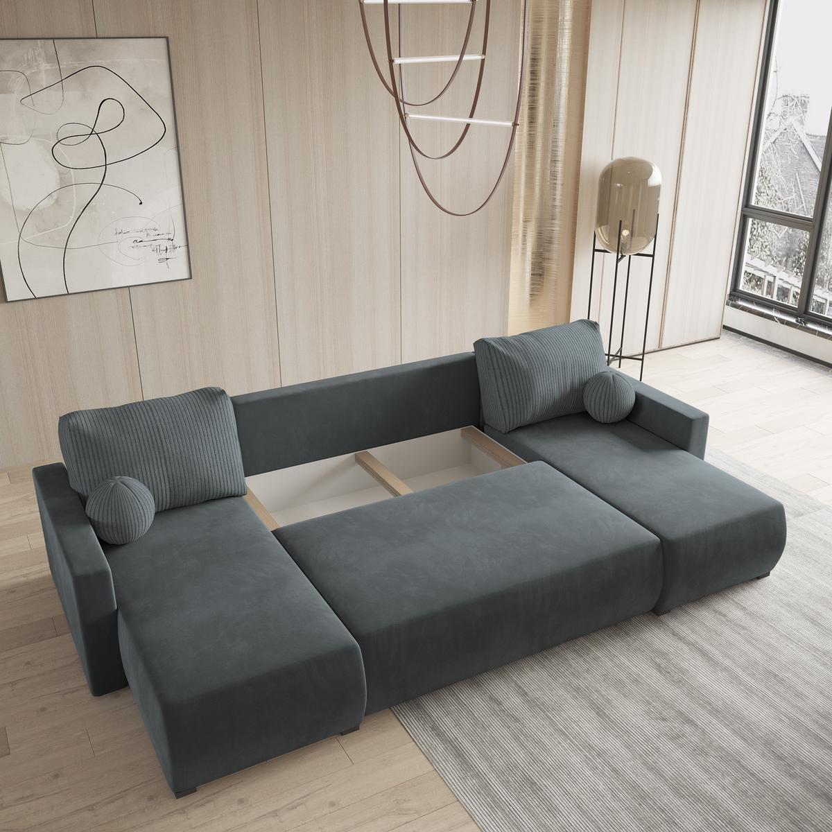 WOHNLANDSCHAFT TESSUN Grau Plüsch-Stoff mit Schlaffunktion - Grau, Holz (286/85/143cm) - MASSENO