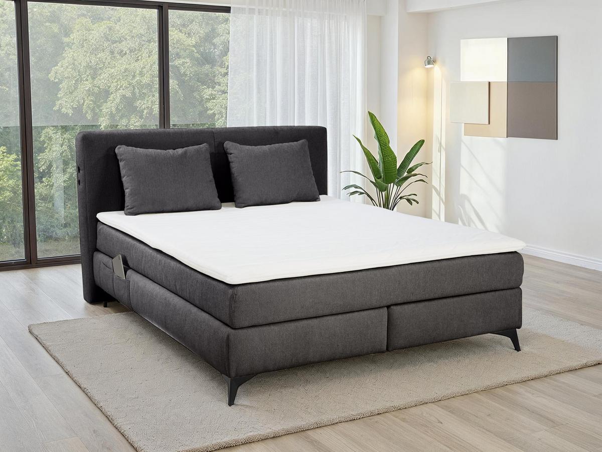 BOXSPRINGBETT 160x200 cm, 7-Zonen-Tonnentaschen-Federkernmatratzen H3, Topper, Bonell-Federkern, Beleuchtung,USB-Ladeports, Chenille Dunkelgrau /20042 - Dunkelgrau/Schwarz, Textil/Metall (160/200cm) - luma-home