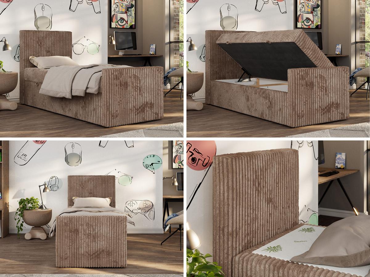 JUGENDBETT TILIO DUO 90/200 - Braun Cord - H3 - Links Seite - Braun, Textil (90/200cm) - MKS